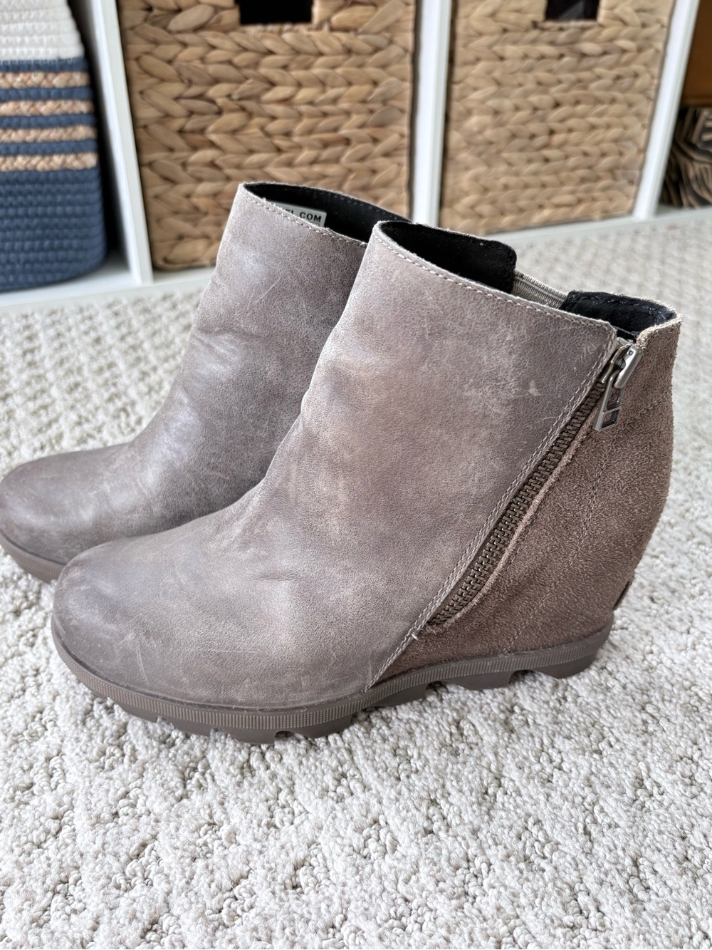Sorel Taupe Suede Wedge Ankle Booties with Side Zip